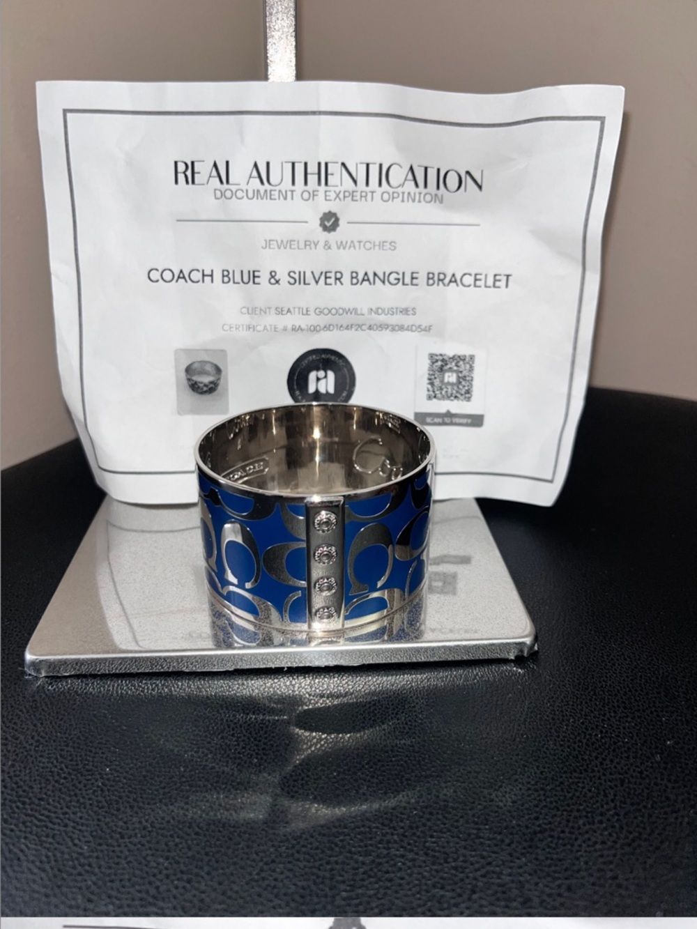 Coach Navy and Silver Signature C Wide Bangle Bracelet